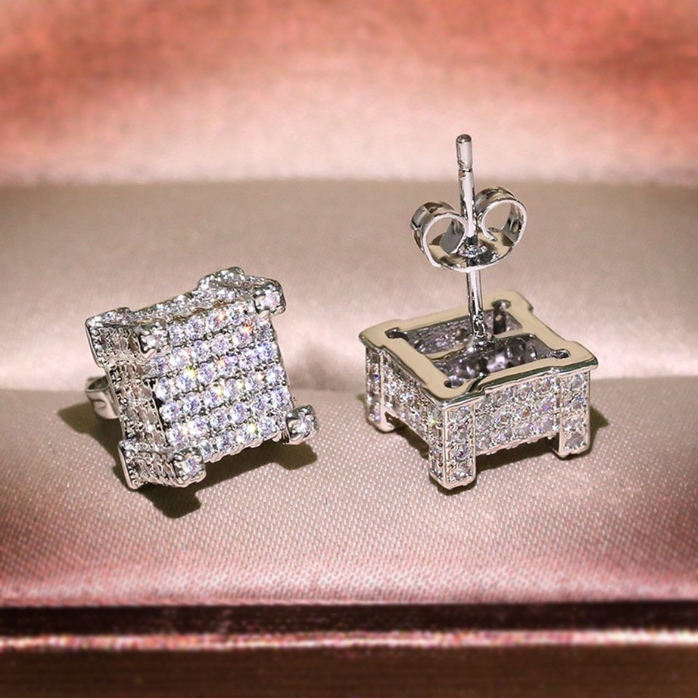 *18K White Gold Diamond All Around Square Earrings - Picture 3 of 4